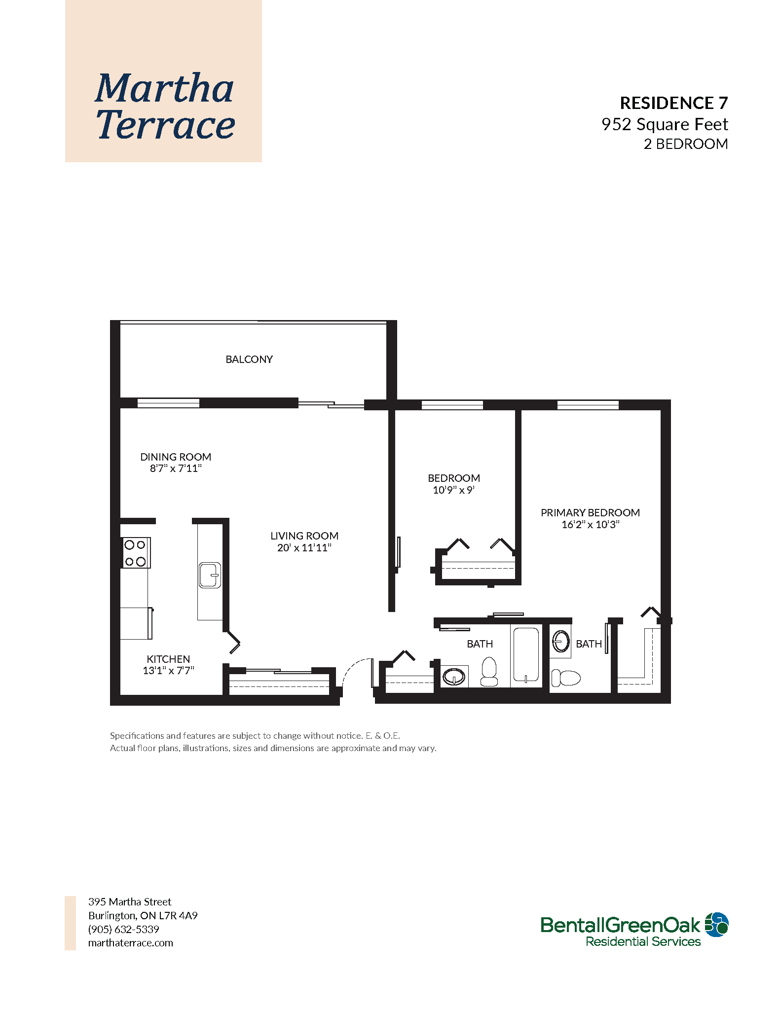 Floor plan for 2 beds, 2 baths, 952 sqft